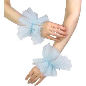 Women's Light Blue Short Mesh Tulle Pearl Lace Arm Sleeves Gloves Wedding Party